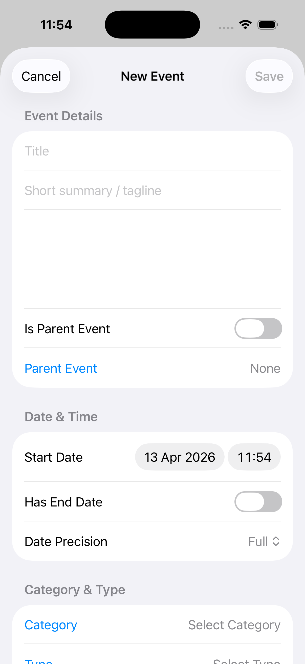 Timelined add new event screenshot