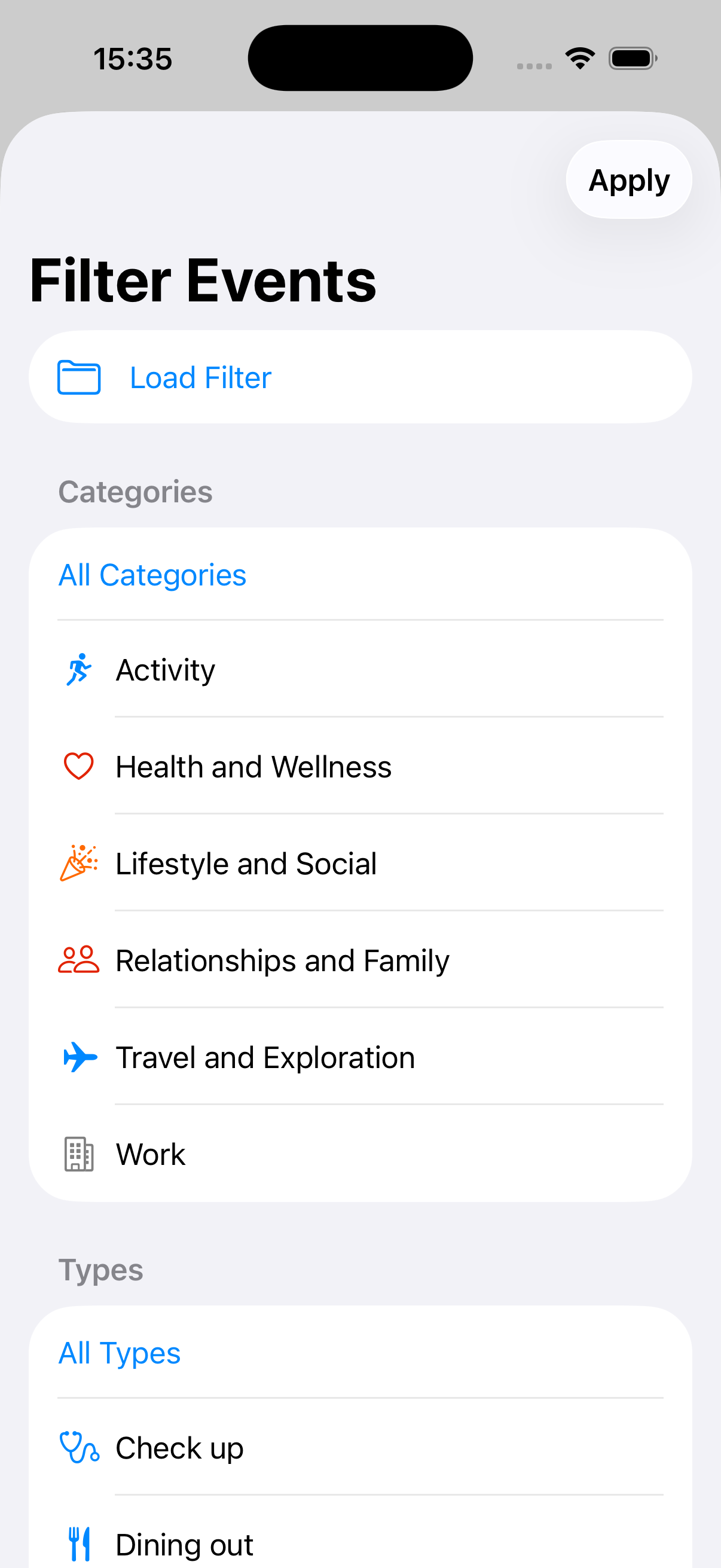 Timelined filter events settings screenshot