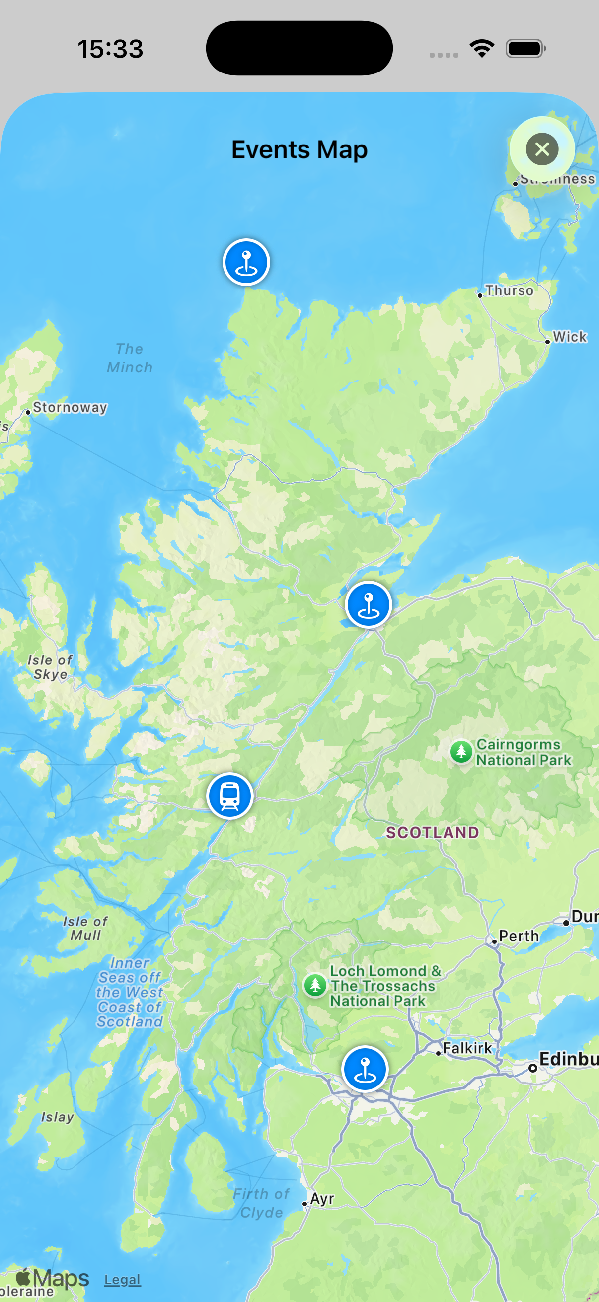 Timelined filtered event map view screenshot
